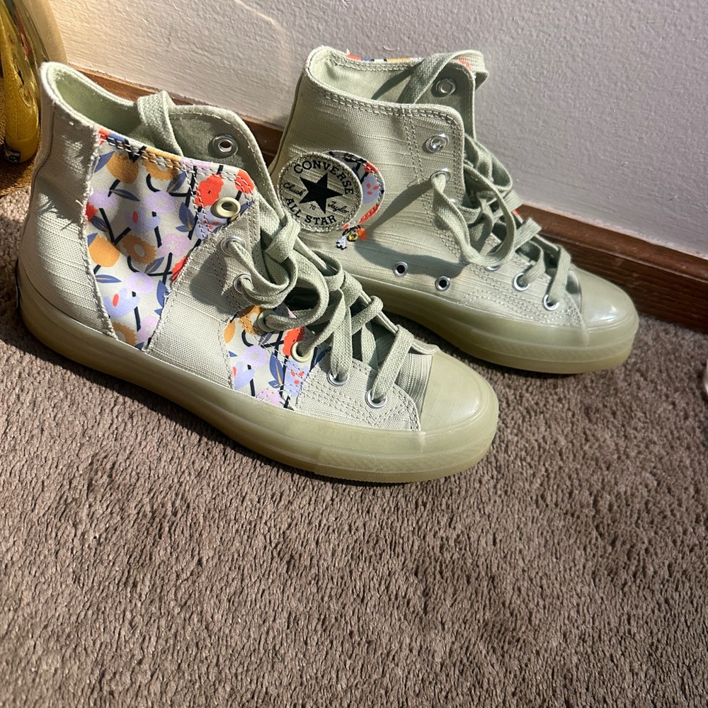 Converse High-Tops - Light Green with Floral Accents